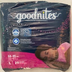 25 COUNT GOODNITES GIRLS’ NIGHTTIME BEDWETTING UNDERWEAR SIZE LARGE 68-95 lbs